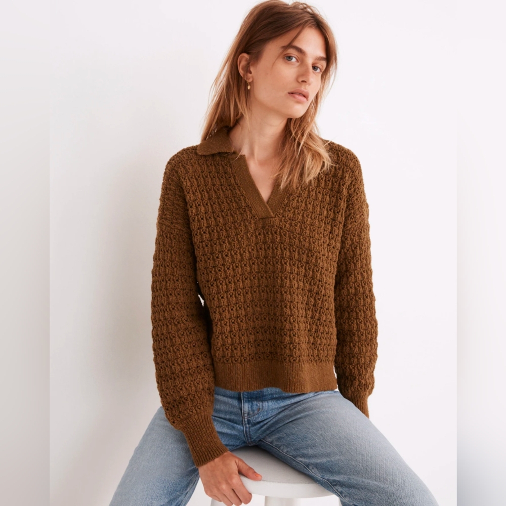 Madewell Sunbury Open-Stitch Polo Sweater Golden Spinach Textured Knit XS - Picture 2 of 12
